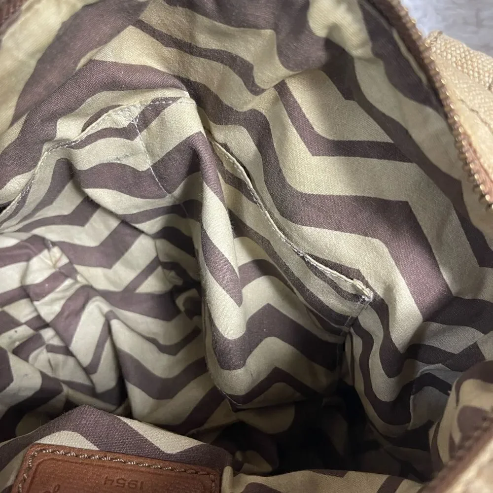 Fossil long live vintage khaki burlap Boston bag with leather tan straps .